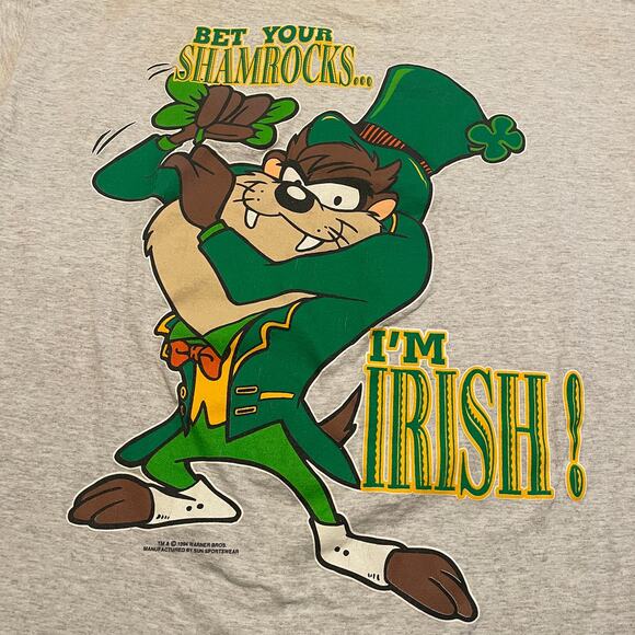 Vintage 90s Taz Tasmanian Devil Bet Your Shamrocks I'm Irish Shirt XL Leprechaun - Picture 3 of 16